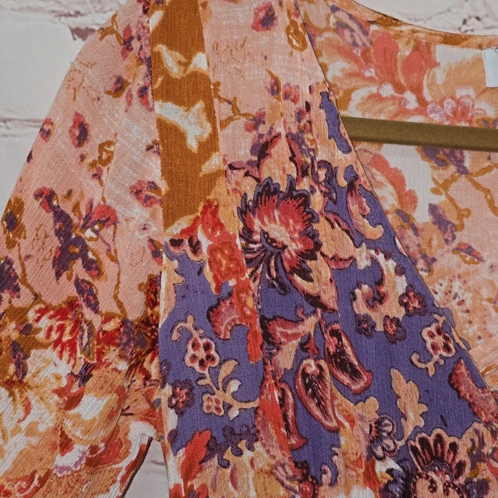 Myra Bag V-Neck A-Line Orange Purple Floral Elastic Waist Dress Womens Size L - Picture 3 of 16